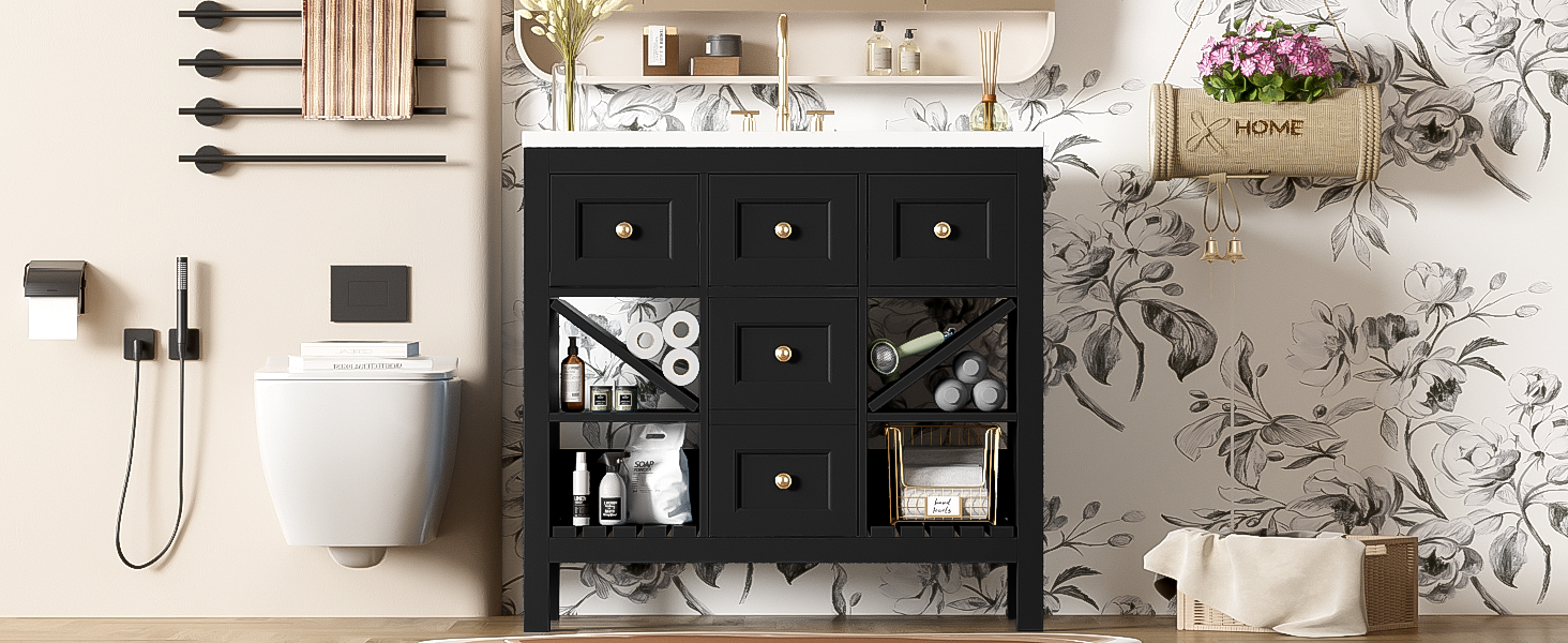 36'' Bathroom Vanity With Resin Sink Combo, Solid Wood Frame Bathroom Storage Cabinet, Freestanding Vanity Set With 5 Drawers& Soft Closing Doors Same As N710S136001B Black Bathroom Solid Wood Mdf Resin