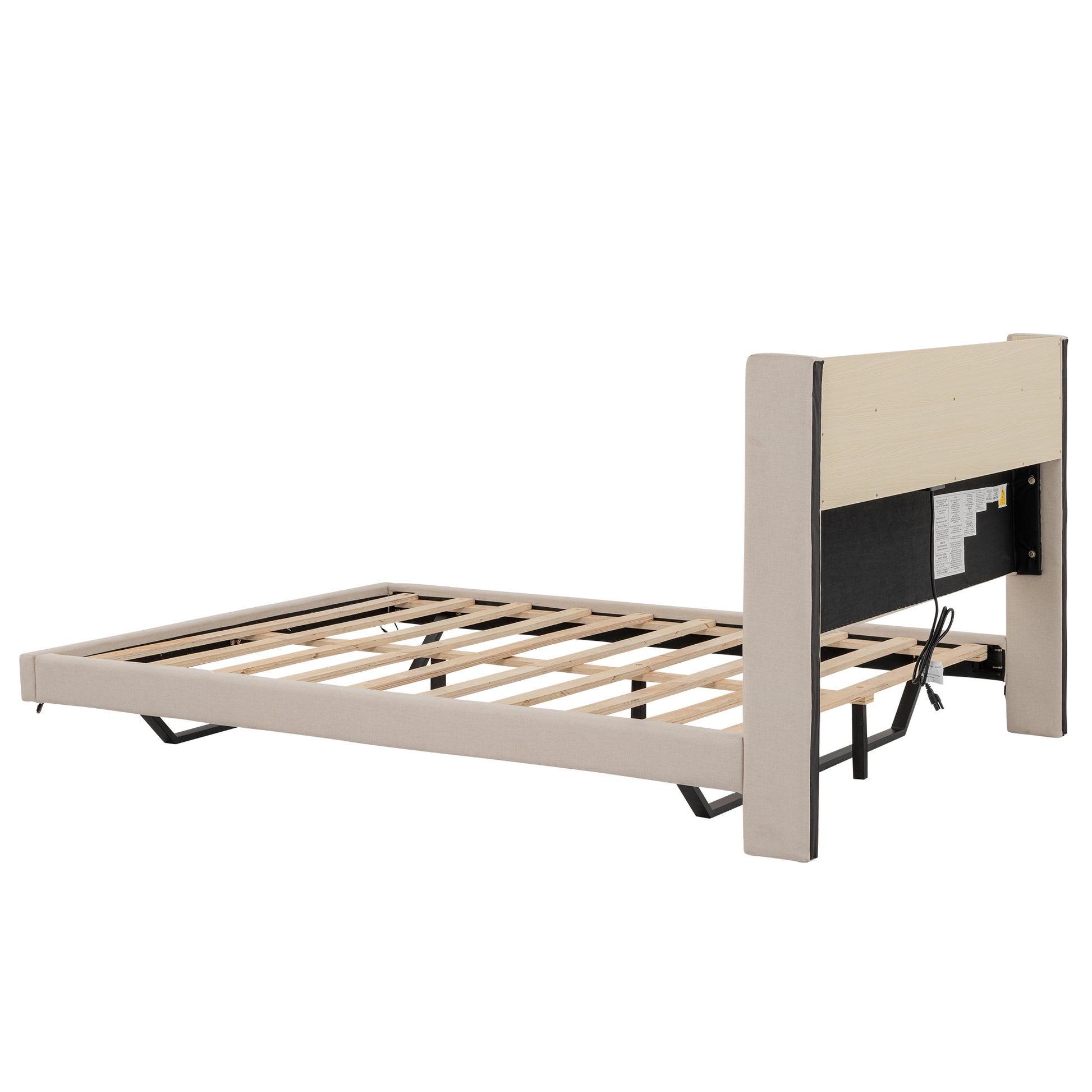 Queen Size Upholstered Floating Bed With Led And Storage Headboard, Beige Box Spring Not Required Queen Beige Wood Bed Frame Linen Upholstered