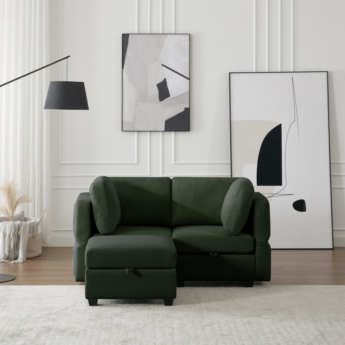 Space Saving Small Sectional Sofa With Ottoman, 2 Seater Sofa With 1 Ottoman, All Seats And Ottomans With Storage Function Green Green Polyester 2 Seat