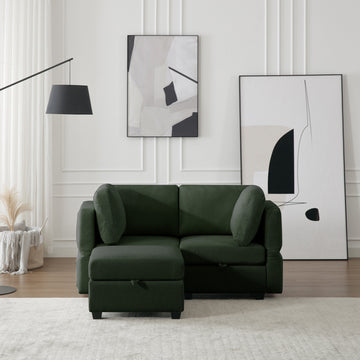 Space Saving Small Sectional Sofa With Ottoman, 2 Seater Sofa With 1 Ottoman, All Seats And Ottomans With Storage Function Green Green Polyester 2 Seat