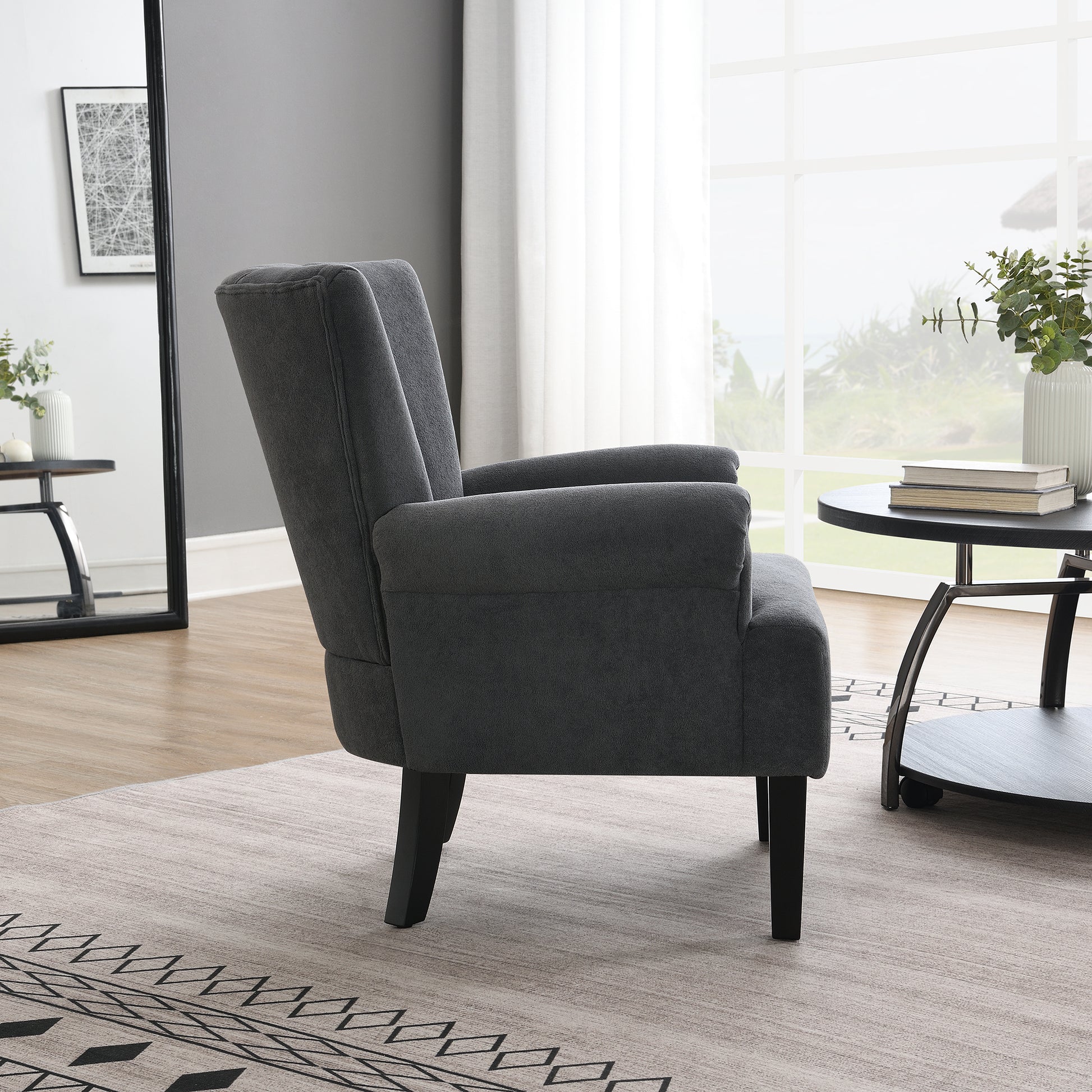 Modern Accent Living Room Chairs,Polyester Armchair Club Chair With Channel Back, Accent Chair For Living Room, Bedroom Reading Room, Soft Fabric, Wooden Leg, Dark Grey Dark Grey Primary Living Space Modern Foam Plywood
