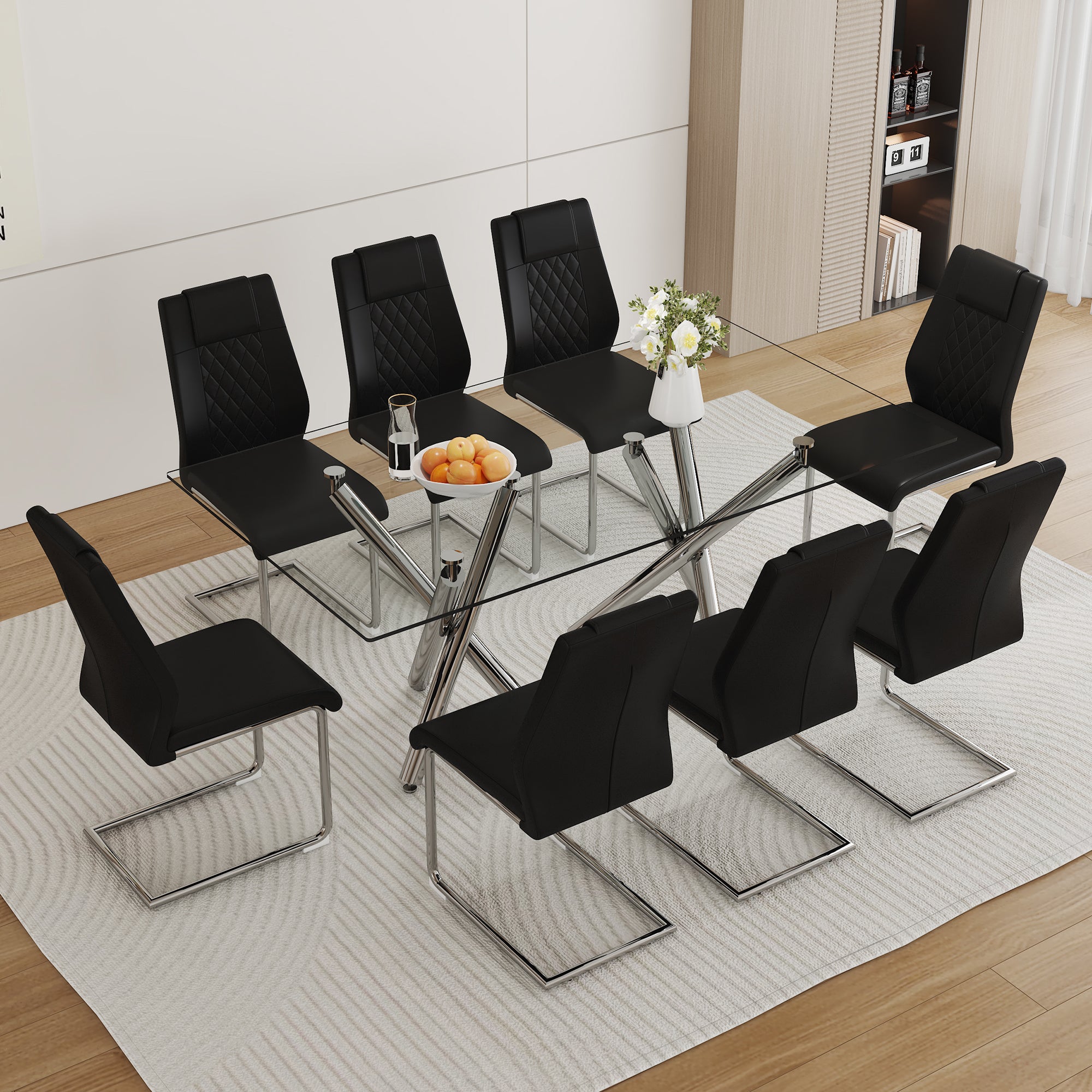 Table And Chair Set.Large Minimalist Rectangular Glass Dining Table For 6 8 With 0.39" Tempered Glass Tabletop And Silver Chrome Metal Legs.Paried With Comfortable Chairs With Pu Seats And Metal Legs. Silver Seats 8 Glass Metal