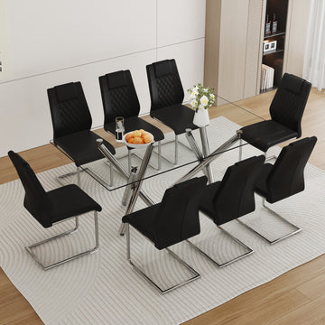 Table And Chair Set.Large Minimalist Rectangular Glass Dining Table For 6 8 With 0.39" Tempered Glass Tabletop And Silver Chrome Metal Legs.Paried With Comfortable Chairs With Pu Seats And Metal Legs. Silver Seats 8 Glass Metal