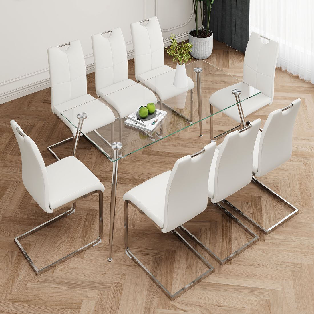 Modern Simple Rectangular Glass Dining Table, Solid Tempered Glass Tabletop, Electroplated Table Legs, White Pu Dining Chair Set, Suitable For Restaurant Kitchen Use Set Of 9 Upholstered Chair Glass