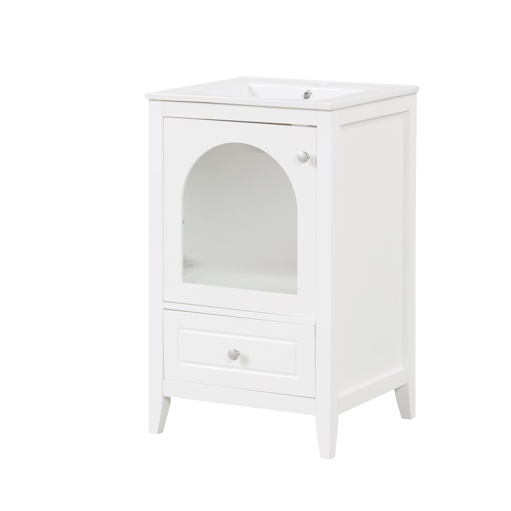 20" Bathroom Vanity With Sink, Bathroom Cabinet With Soft Closing Glass Door, A Drawer, White White Mdf