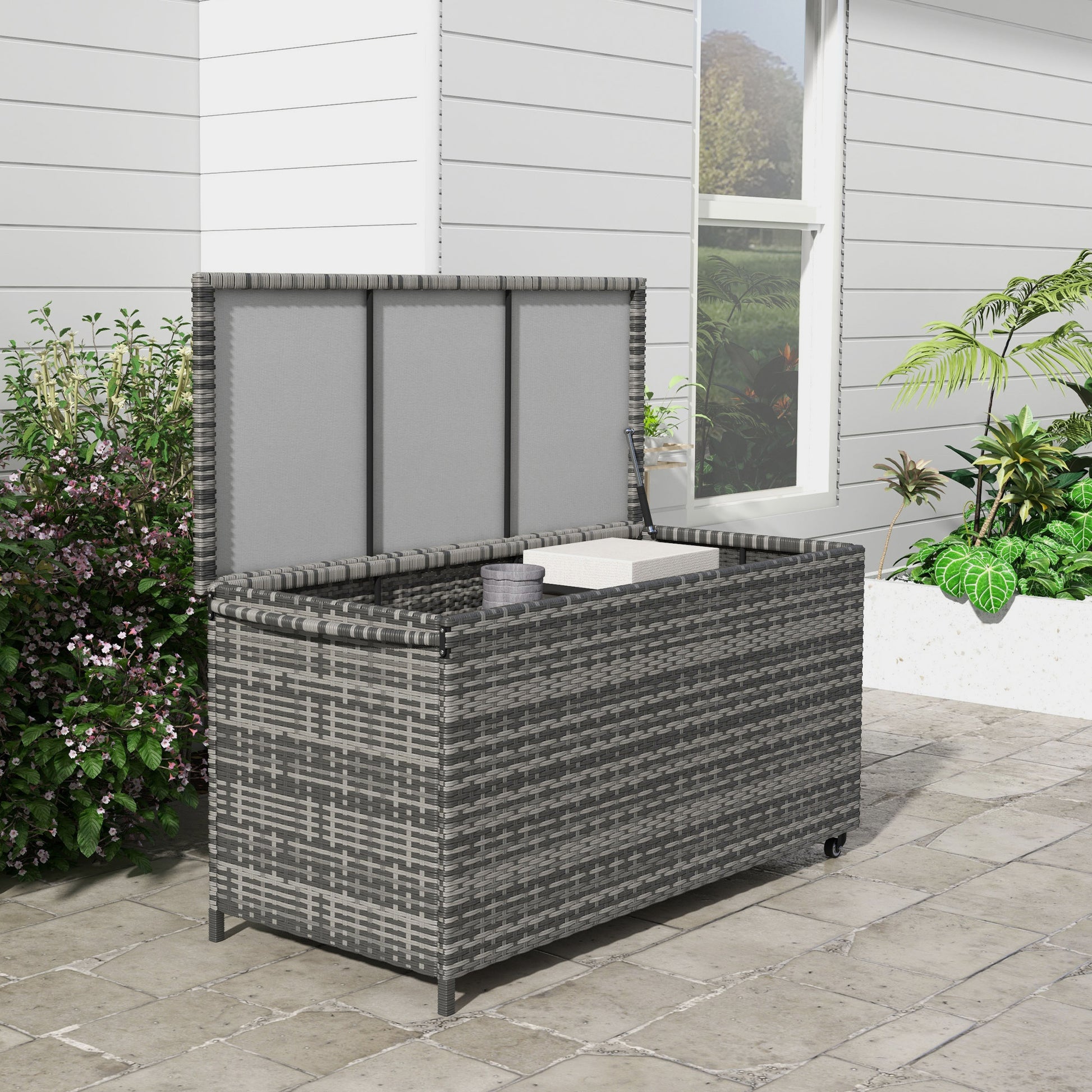 Outsunny 83 Gallon Deck Box, Large Outdoor Storage Chest, Pe Wicker Trunk For Outside On Wheels For Garden Tools, Pool Supplies & Patio Furniture Cushions, Gray Gray Plastic