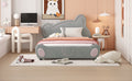 Full Size Velvet Platform Bed With Bear Shaped Headboard, With Bed End Storage Pocket, Gray Full Gray Plywood