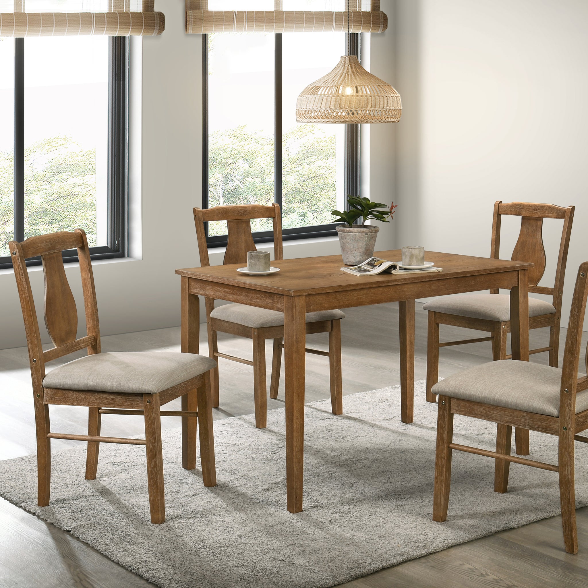 Weathered Oak 5 Piece Dining Set With Upholstered Seat Upholstered Chair Wood Oak Solid Back Seats 4 Wood Dining Room Fixed Table 4 Leg Rectangular Dining Table With Chair Wood Fabric
