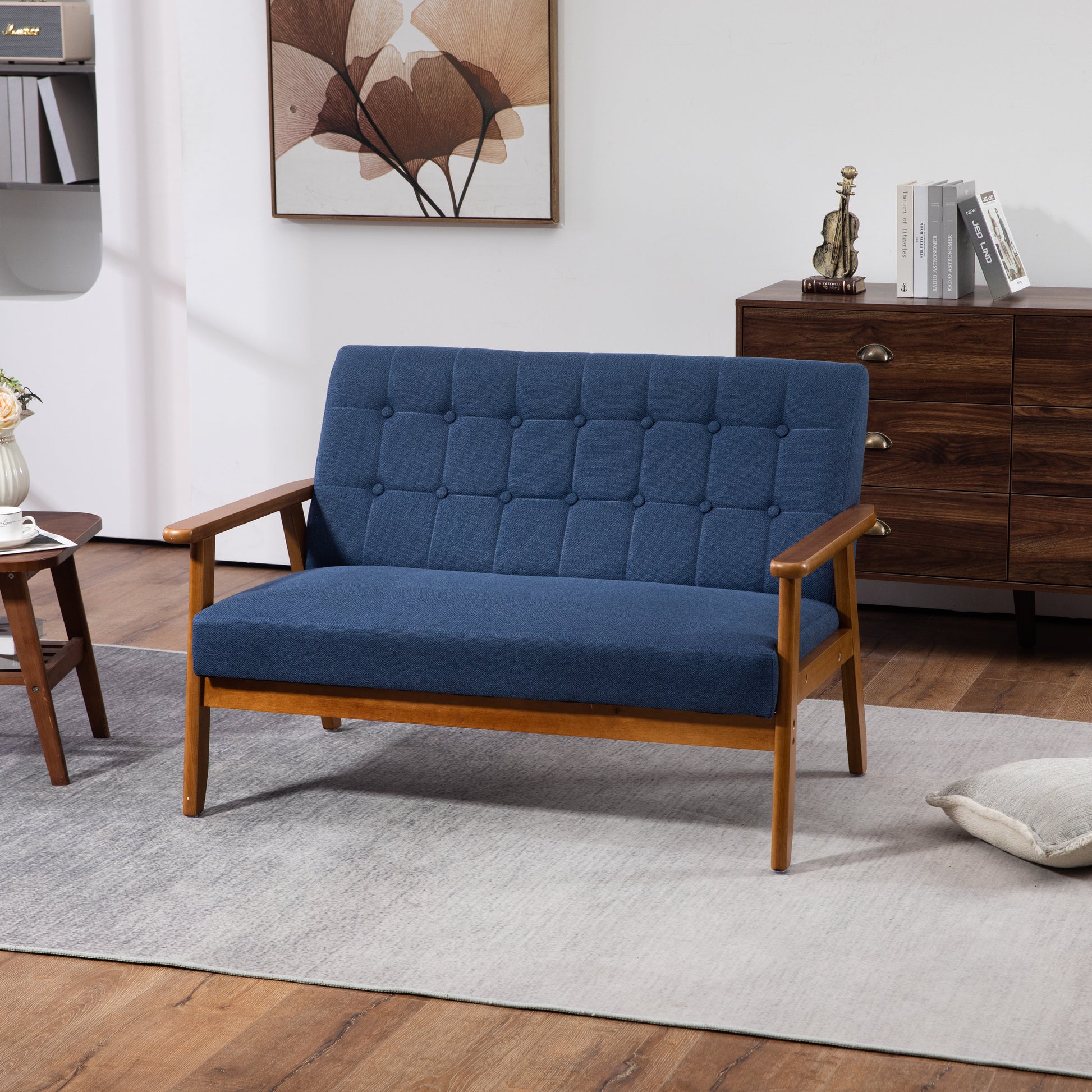 Coolmore Mid Century Modern Solid Loveseat Sofa Upholstered Linen Loveseat, 2 Seat Upholstered Loveseat Sofa Modern Couch Navy Linen 2 Seat