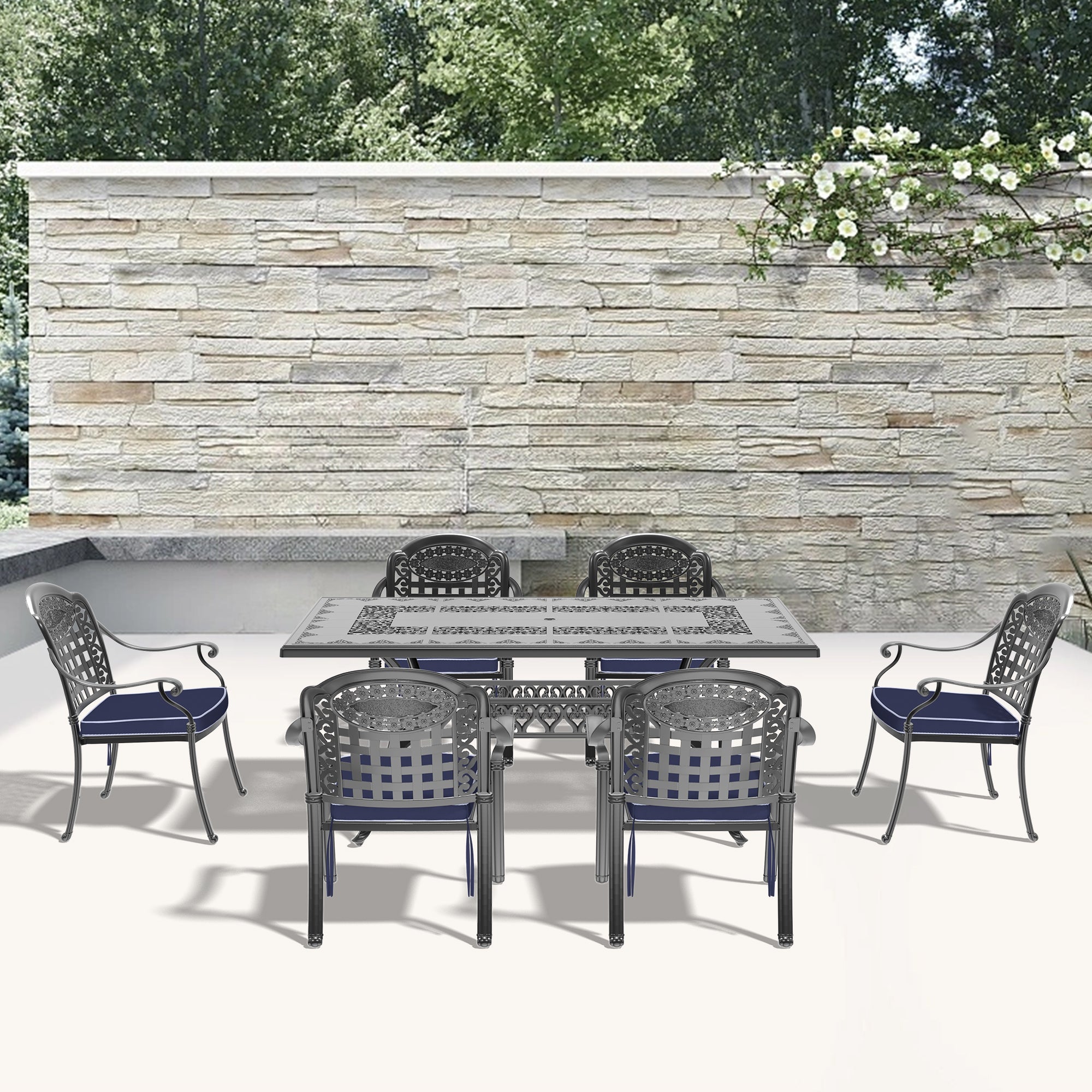 Cushions In Random Colors 7 Piece Set Of Cast Aluminum Patio Furniture With Cushions Yes Dining Set Black Seats 6 Rust Resistant Frame Water Resistant Cushion Garden & Outdoor Complete Patio Sets Aluminium