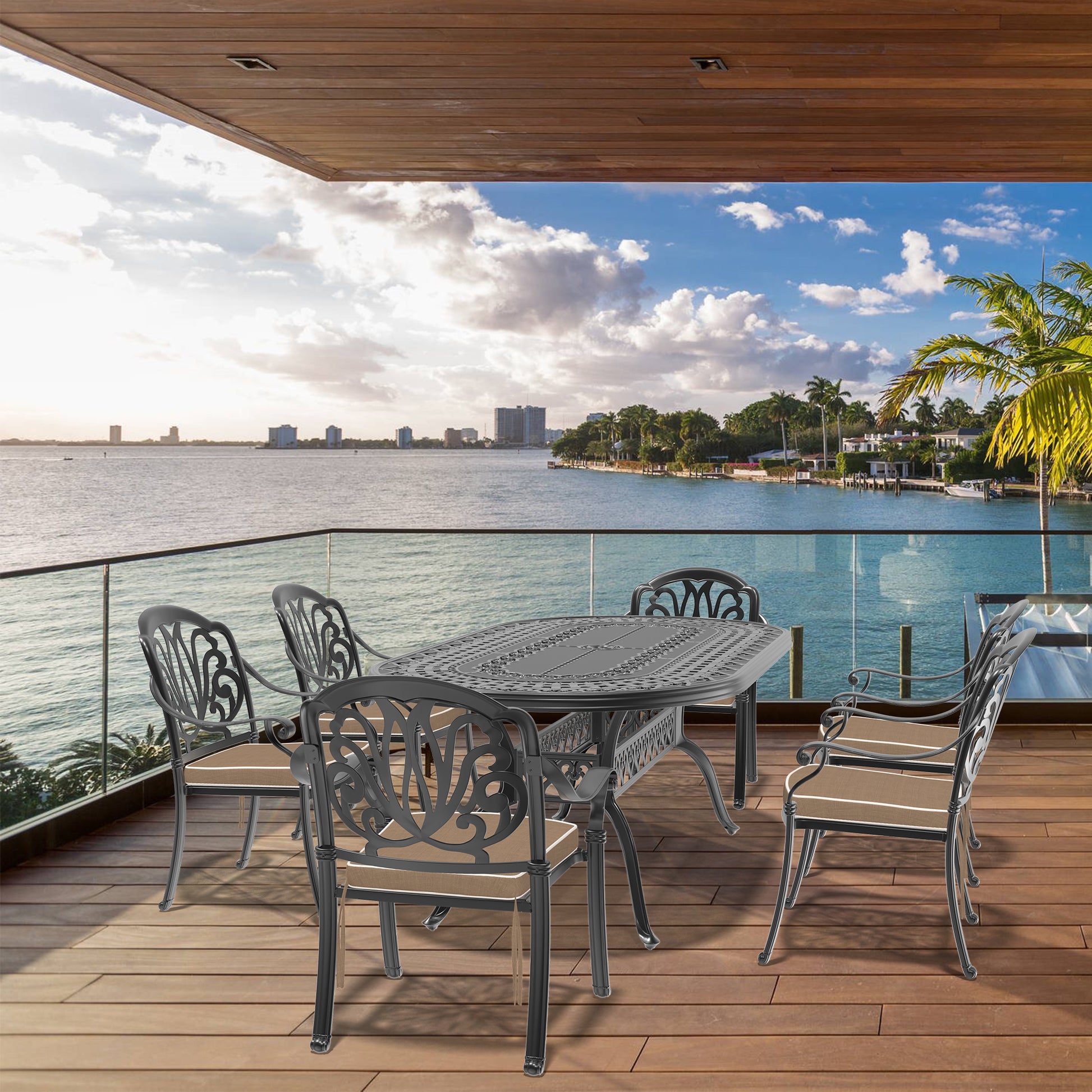 Cushions In Random Colors 7 Piece Set Of Cast Aluminum Patio Furniture With Cushions Yes Dining Set Black Seats 6 Rust Resistant Frame Water Resistant Cushion Garden & Outdoor Complete Patio Sets Aluminium