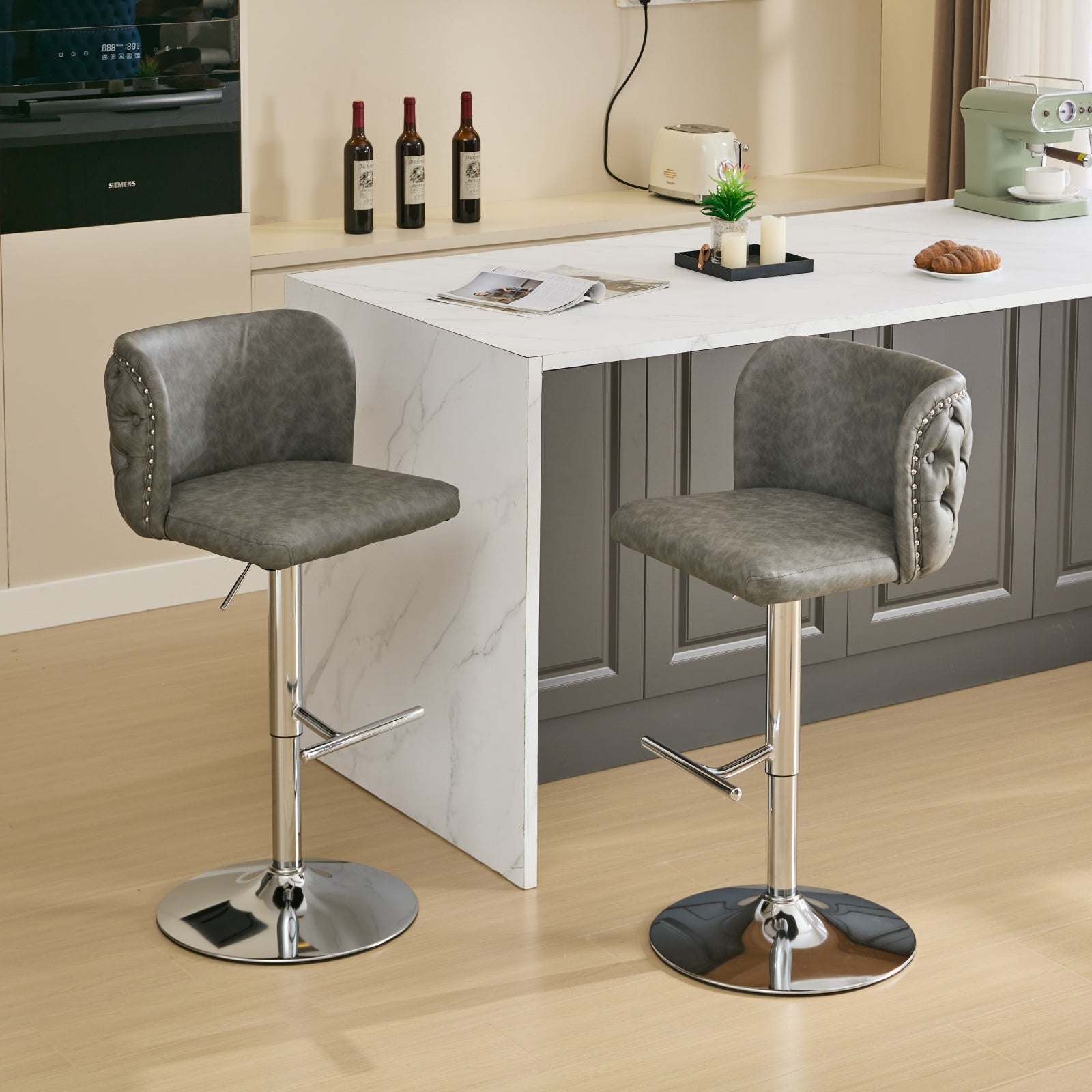 Swivel Barstools Adjusatble Seat Height With Chrome Base, Modern Pu Upholstered Bar Stools With The Whole Back Tufted, For Home Pub And Kitchen Island,Gray, Set Of 2 Gray American Design Bar Stools Set Of 2 Foam Pu Leather