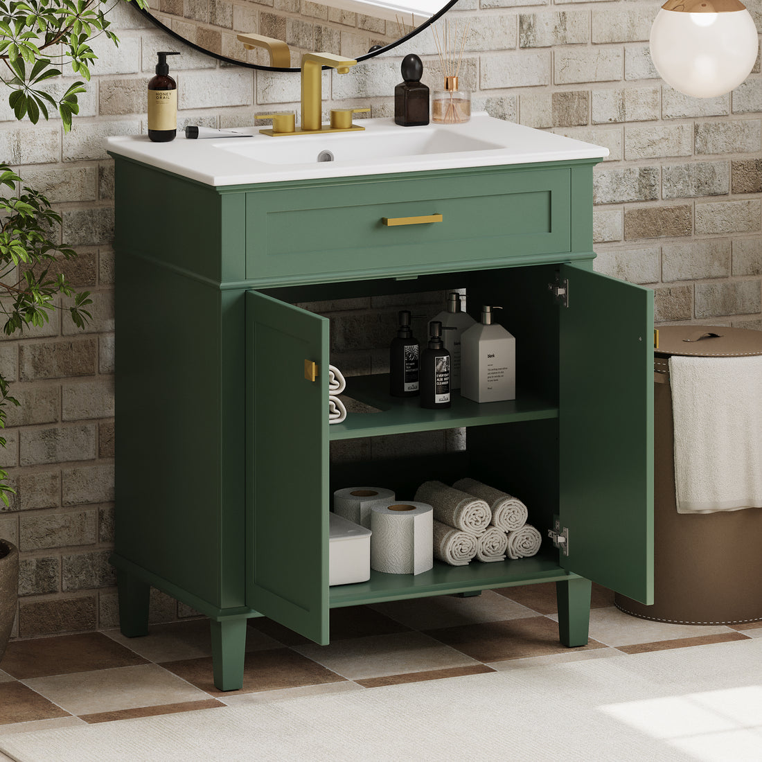 30 Inch Bathroom Vanity With Ceramic Basin, Soft Close Door And Adjustable Shelves Green Bathroom Solid Wood Mdf