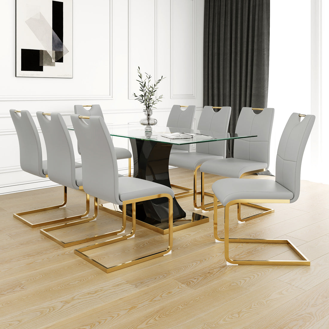 Modern Style Glass Dining Table, Elegant Transparent Design, Solid Support Base, Grey Dining Chair Set, Gold Plated Chair Legs, Suitable For Restaurant Kitchen Use Set Of 9 Grey Glass