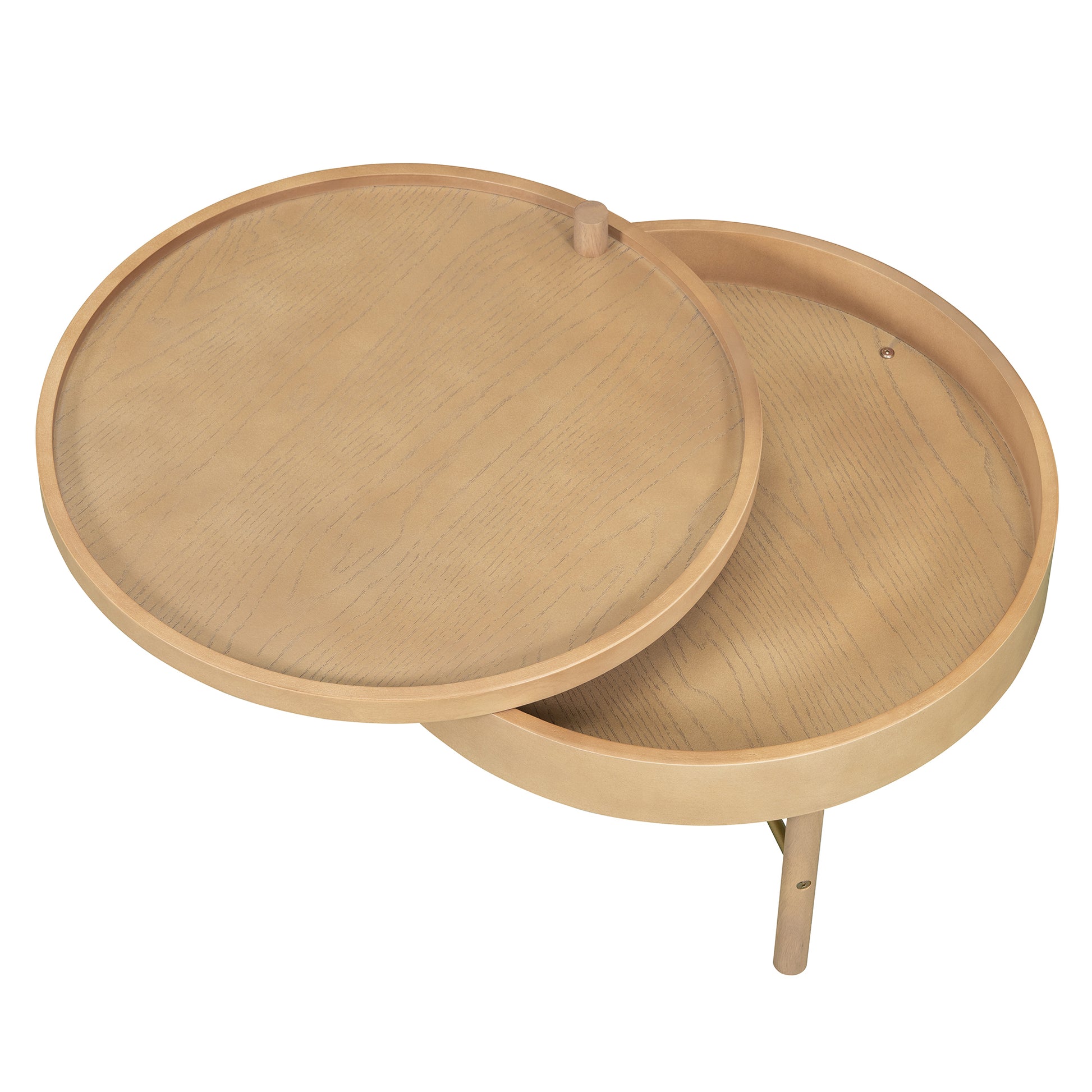 Modern Round Wood Rotating Tray Coffee Table With Storage & Metal Legs In Natural Natural Metal,Rubber Wood