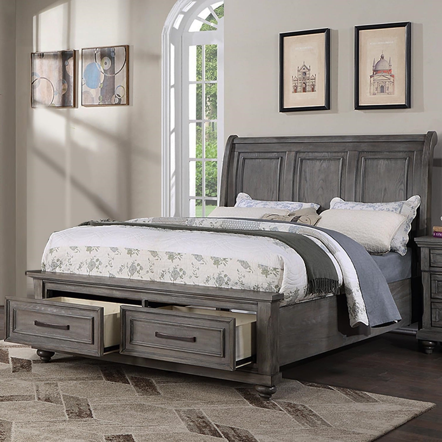 Eastern King Size Bed W Under Bed Drawer Vintage Look Gray Color Beautiful Panel 1Pc Bedframe Bedroom Box Spring Required King Antique Gray,Gray Wood Bedroom Contemporary,Modern,Transitional Storage