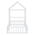 Wooden Floor Bed With Fence Railings And Detachable House Shape Headboard, Twin Size Bed With Kids Dress Up Rack, Kids Montessori Style Playhouse Frame For Girls Boys, White Twin White Wood