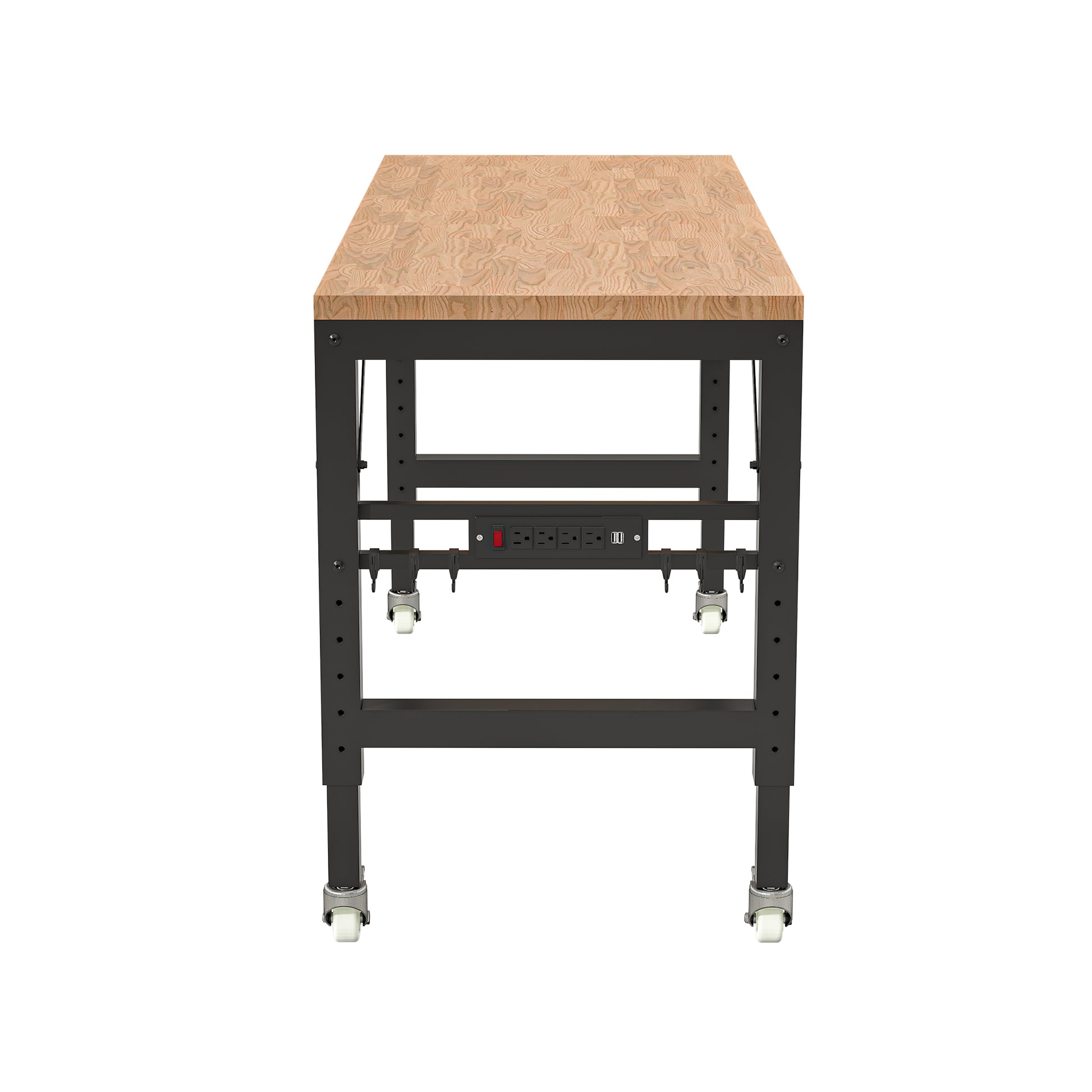 60" Adjustable Workbench For Garage, Rubber Wood Heavy Duty Workstation With Power Outlets & Wheels, 2000 Lbs Load Capacity Hardwood Worktable For Workshop, Garage, Office, Home, Commercial Black Metal & Wood