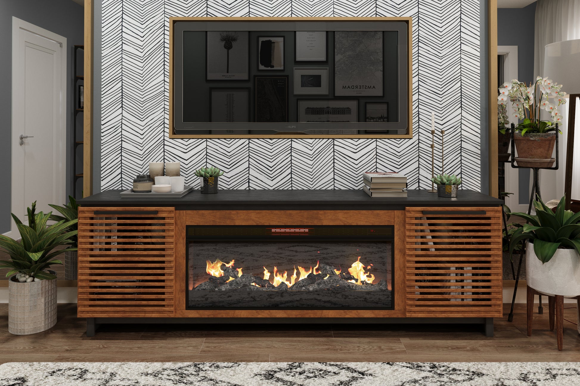 Graceland 86 Inch Fireplace Tv Stand Console For Tvs Up To 100 Inches, Minimal Assembly, Black With Bourbon Finish Electric Brown Primary Living Space Poplar Yes Insert Electric 41 50 No Brown 400 Vent Free Contemporary,Modern,Scandinavian Wood
