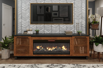 Graceland 86 Inch Fireplace Tv Stand Console For Tvs Up To 100 Inches, Minimal Assembly, Black With Bourbon Finish Electric Brown Primary Living Space Poplar Yes Insert Electric 41 50 No Brown 400 Vent Free Contemporary,Modern,Scandinavian Wood