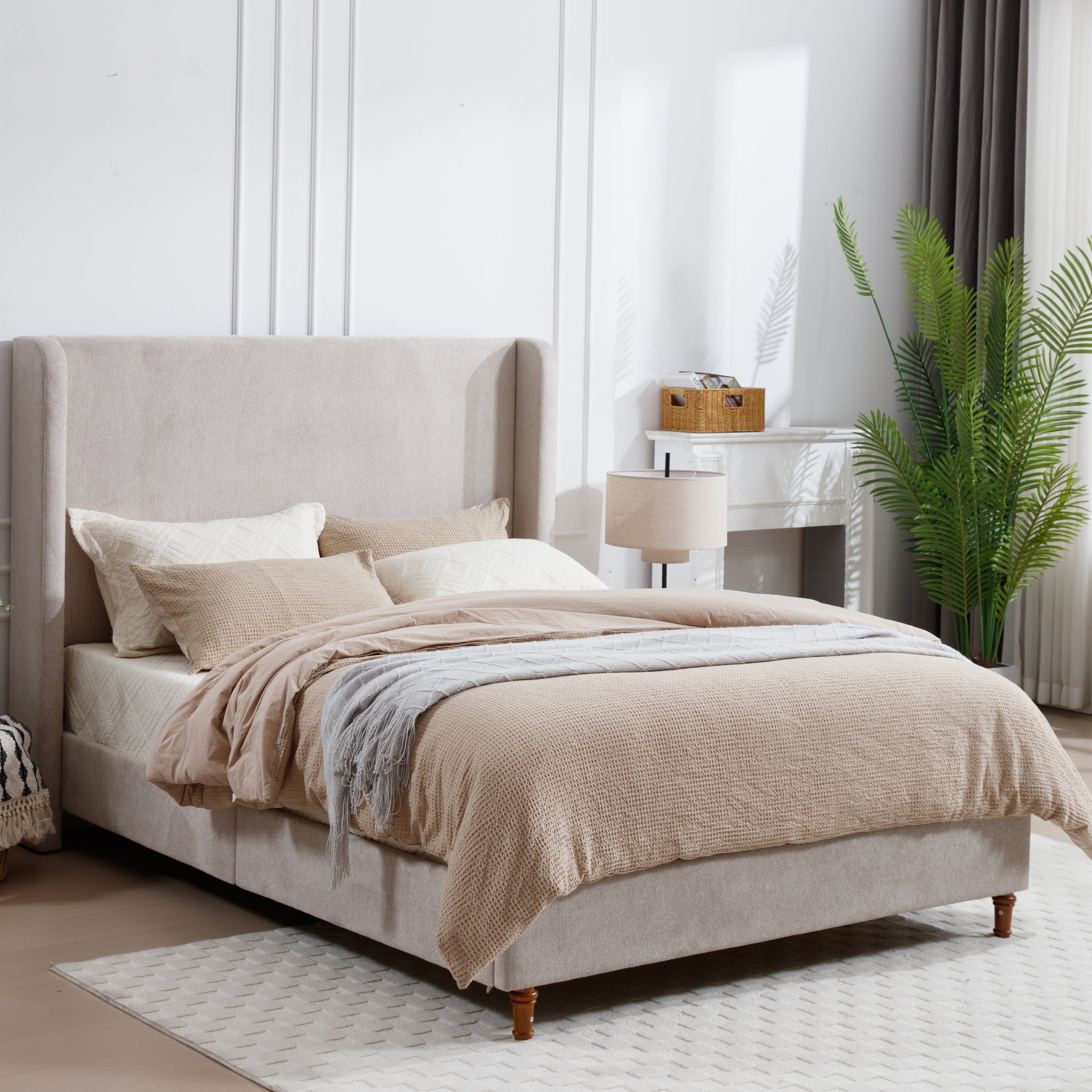 Harper Tall Headboard Upholstered Bed 54" High Headboard Elegant Simplicity No Box Spring Needed Easy Assembly King Light Brown Chenille Box Spring Not Required King Light Brown Metal Brown Bedroom