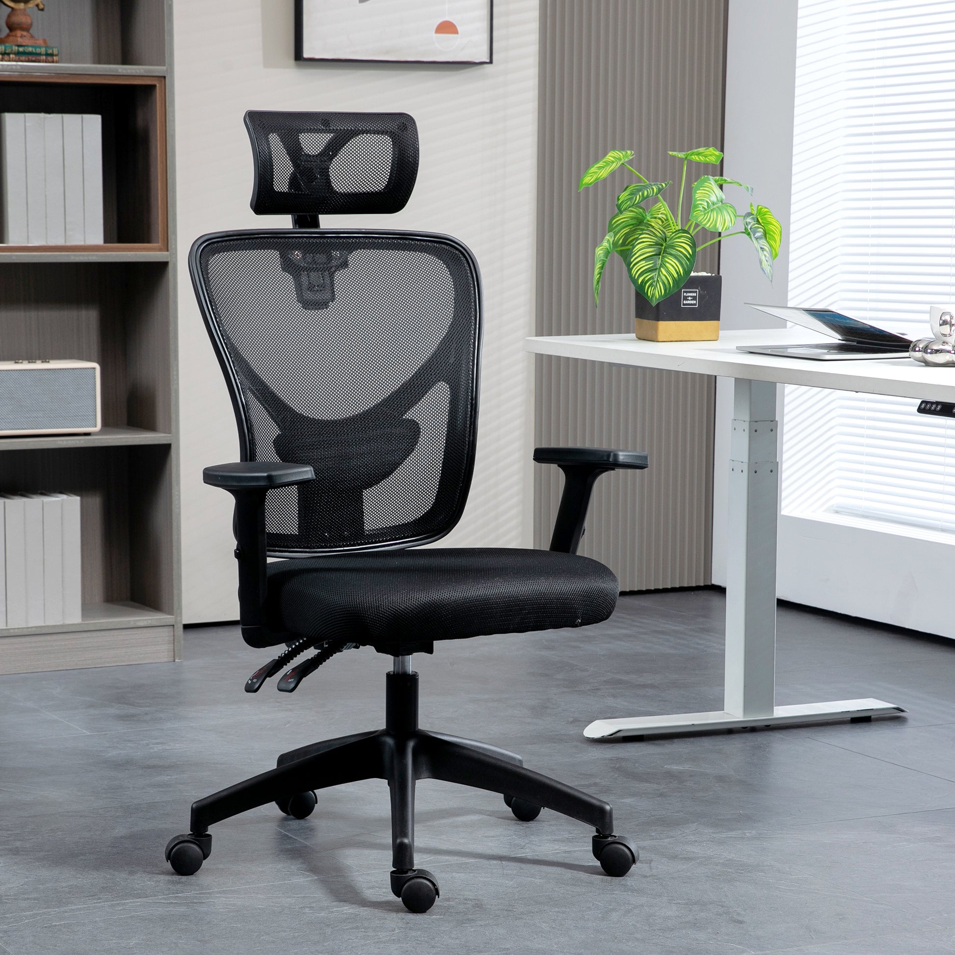 Vinsetto High Back Ergonomic Computer Home Office Chair, Mesh Task Chair With Lumbar Back Support, Reclining Function, Adjustable Headrest, Arms And Height, Black Black Polyester