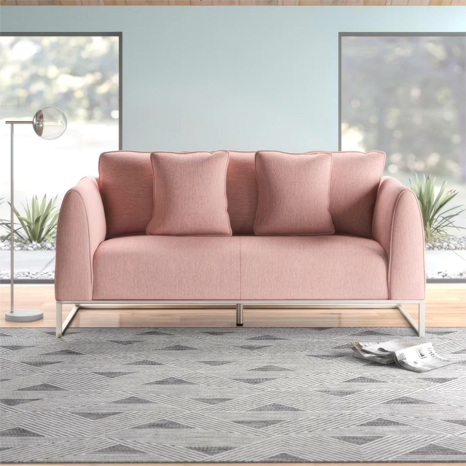 Chic And Cozy 82.75" Light Pink Fabric 2 Seater Sofa With Silver Legs And Soft Upholstery, Extra Deep Seats, For Small Space, Living Room, Office Apartment Light Pink, Fabric Pink Wood Primary Living Space Medium Soft Cushion Back Light Duty Art