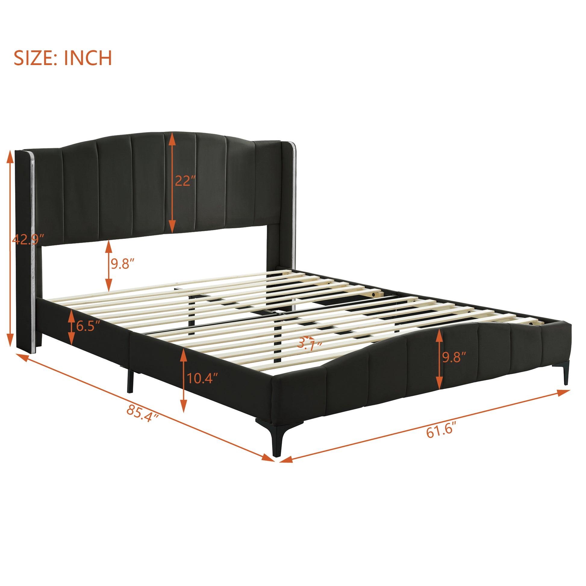 Queen Size Pu Leather Upholstered Platform Bed, Headboard With Wingback And Metal Bar Accents, No Box Spring Required, Black Queen Black Pu