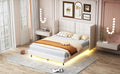 Queen Size Upholstered Platform Bed With Led Lights And U Shaped Headboard, Linen Fabric, Beige Queen Beige Wood Metal