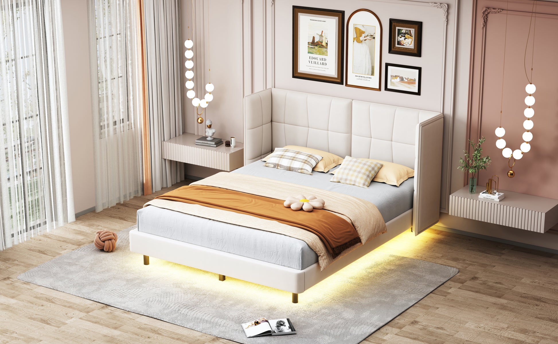 Queen Size Upholstered Platform Bed With Led Lights And U Shaped Headboard, Linen Fabric, Beige Queen Beige Wood Metal