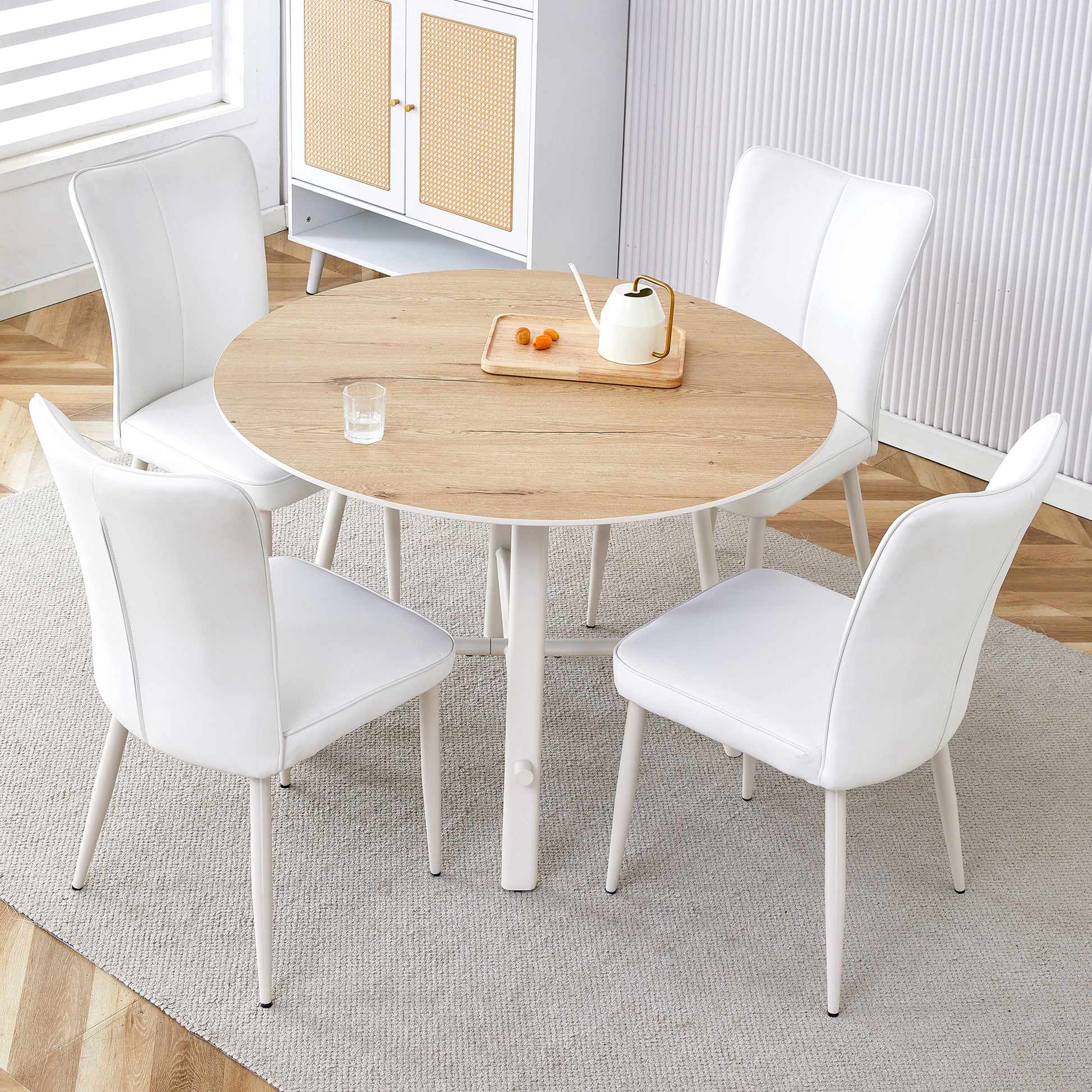 Table And Chair Set, Mdf Desktop, White Metal Table Legs, Stable And Beautiful, Suitable For Most Styles Of Home. Modern Simple Dining Table, Comfortable Seating. White Seats 4 Mdf