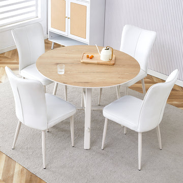 Table And Chair Set, Mdf Desktop, White Metal Table Legs, Stable And Beautiful, Suitable For Most Styles Of Home. Modern Simple Dining Table, Comfortable Seating. White Seats 4 Mdf