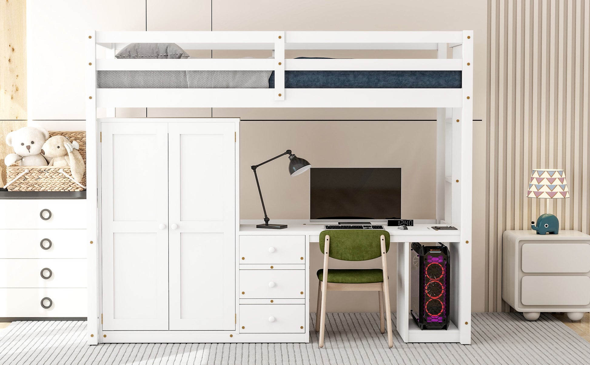 Twin Size Loft Bed With Wardrobe, Desk And Storage Drawers, White Twin White Pine