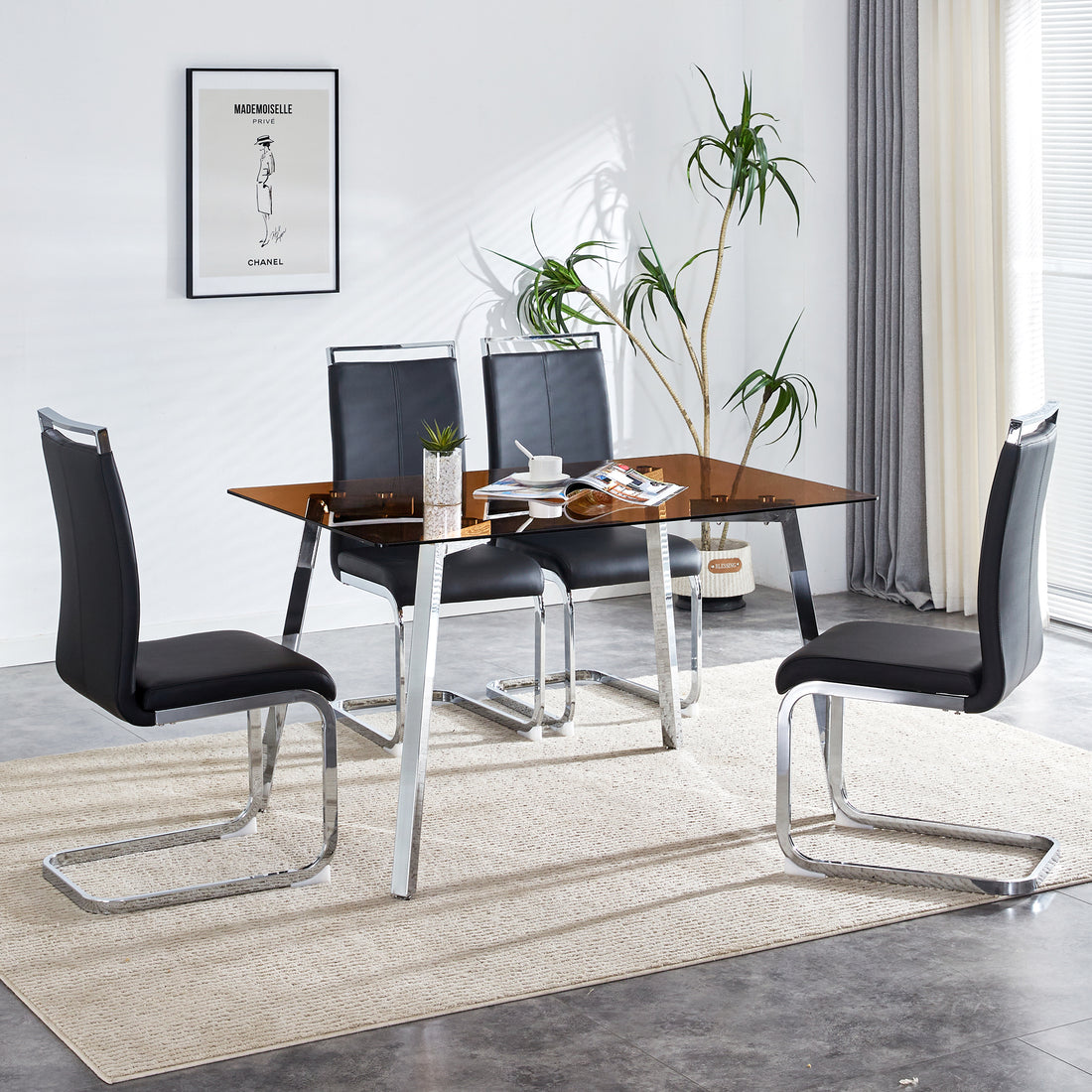1 Table And 4 Chairs, Brown Tempered Glass Tabletop And Silver Metal Legs, Modern Minimalist Style Rectangular Glass Dining Table, Paired With 4 Modern Silver Metal Leg Chairs. 1123C 1162 Brown Seats 4 Glass