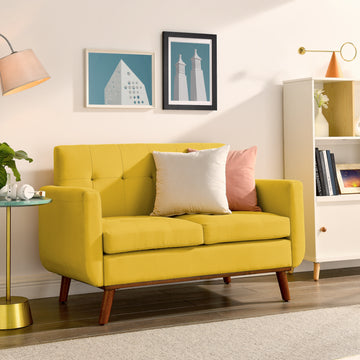Loveseat Sofa, Mid Century Modern Decor Beautiful Seat Couches For Living Room, Button Tufted Upholstered Small Couch For Bedroom, Solid And Easy To Install Beautiful Seats Furniture, Yellow Yellow Foam 2 Seat