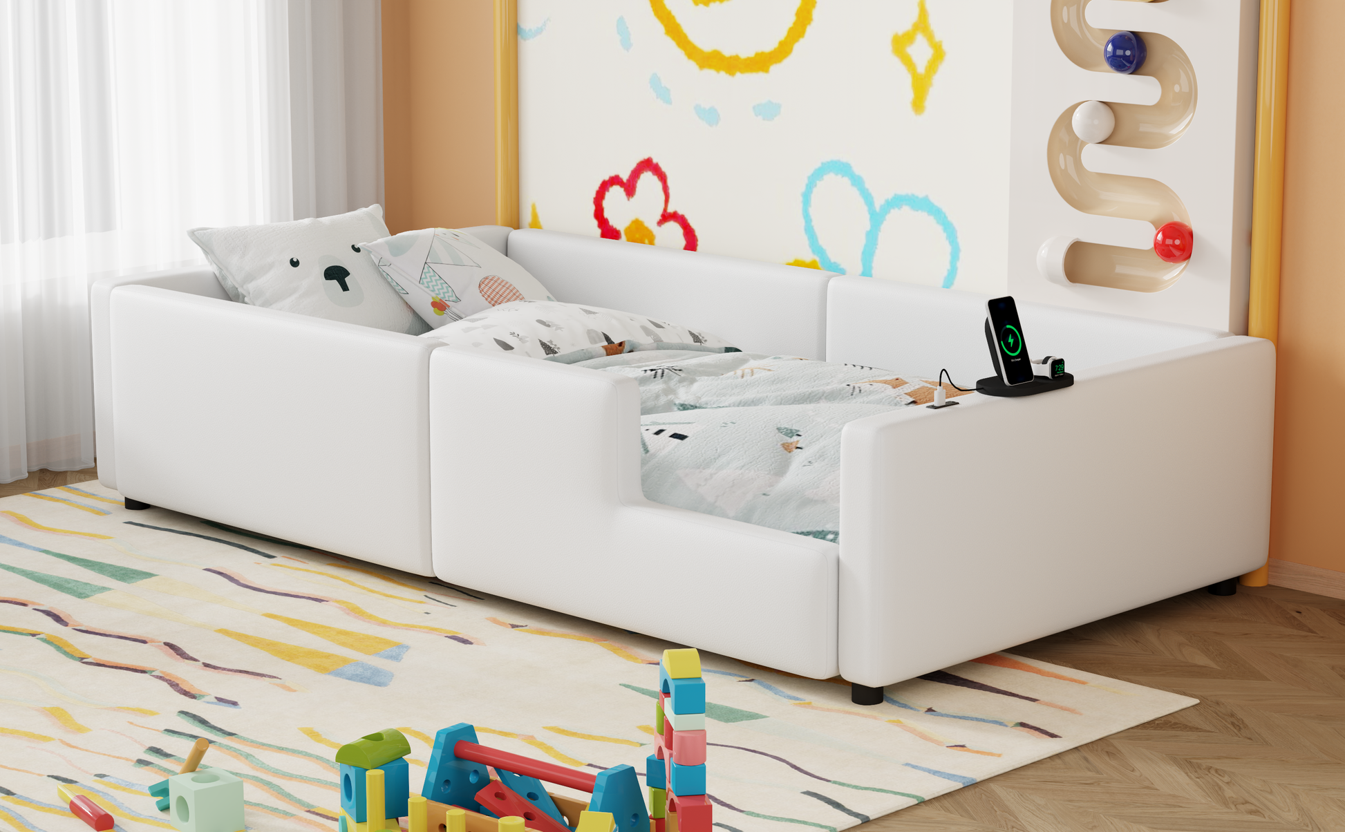 Twin Size Upholstered Platform Bed With Guardrail And Charging Station, White Box Spring Not Required Twin White Upholstered