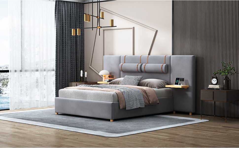 Queen Upholstered Platform Bed, Two Outlets And Usb Charging Ports On Both Sides, Two Bedside Pillows, Storage Shelves, Velvet,Gray Queen Gray Mdf Lvl