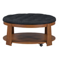 Modern Large Round Ottoman Coffee Table 2 Tier Oversized Button Tufted Ottoman With Wood Shelf Storage Upholstered Coffee Table For Living Room Footrest Ottoman With Wheel, Waterproof Linen Black Brown Rubber Wood