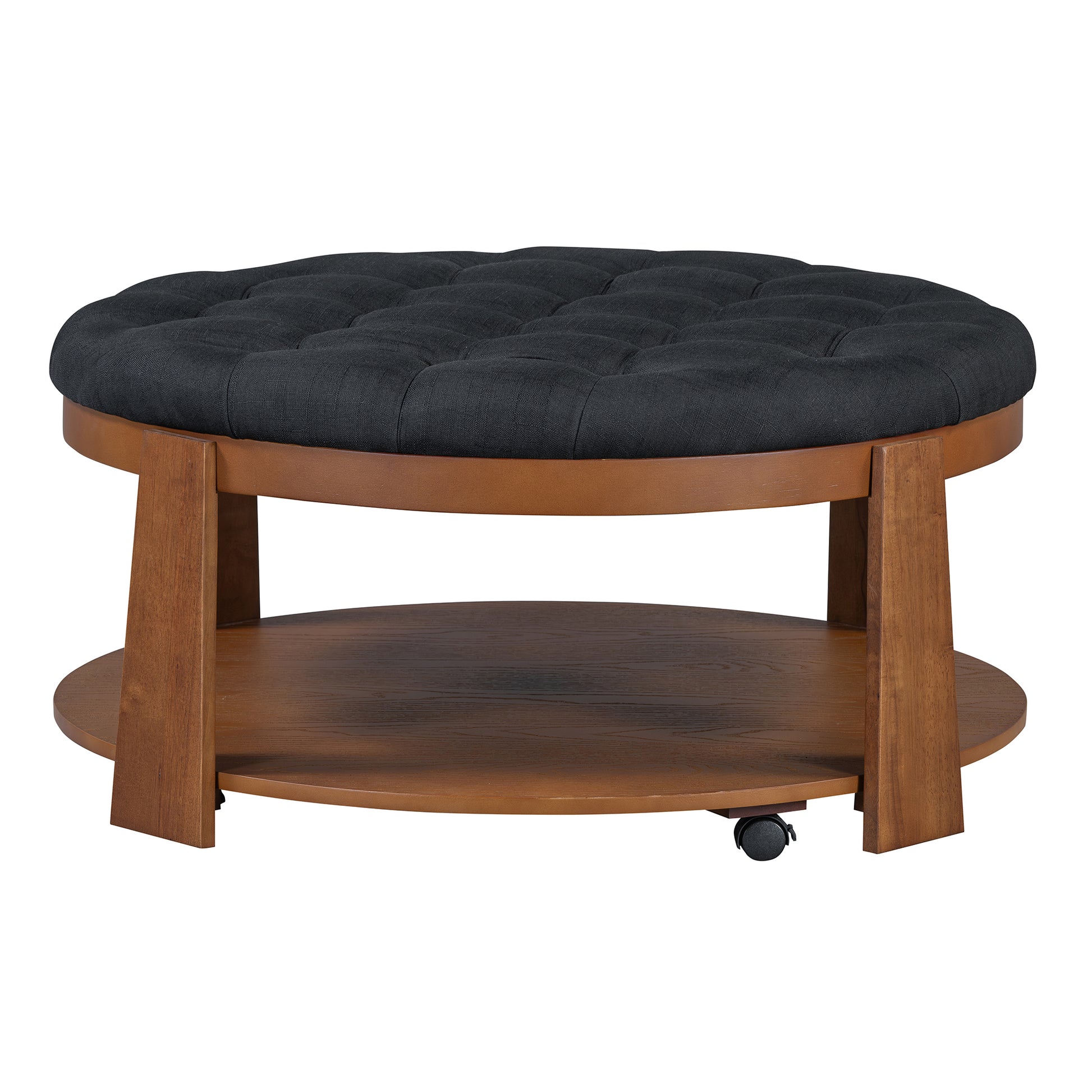Modern Large Round Ottoman Coffee Table 2 Tier Oversized Button Tufted Ottoman With Wood Shelf Storage Upholstered Coffee Table For Living Room Footrest Ottoman With Wheel, Waterproof Linen Black Brown Rubber Wood