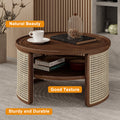 2 Tiered Round Walnut Wood Coffee Table With Storage Rattan Base In 31.3'' Walnut Rubber Wood