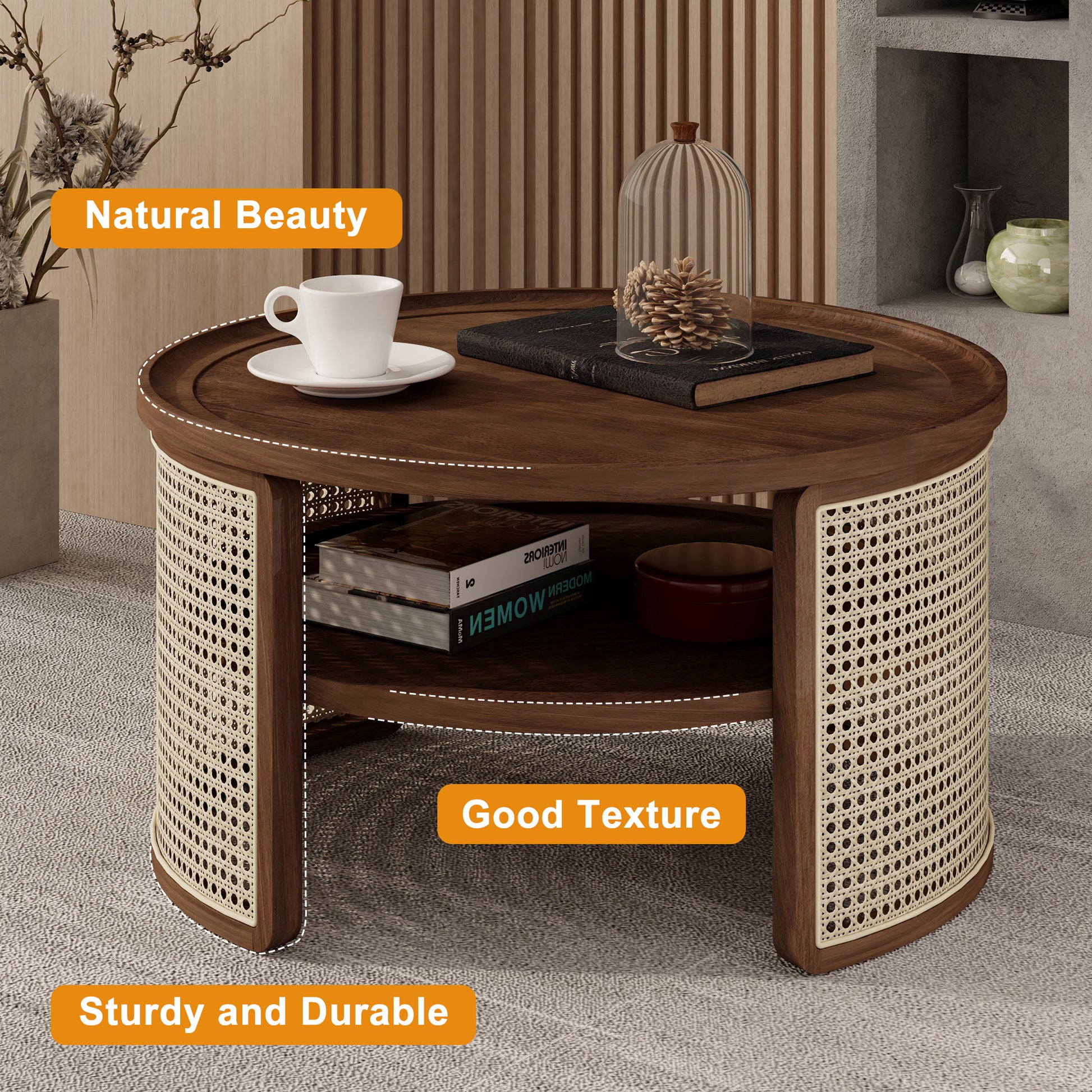 2 Tiered Round Walnut Wood Coffee Table With Storage Rattan Base In 31.3'' Walnut Rubber Wood