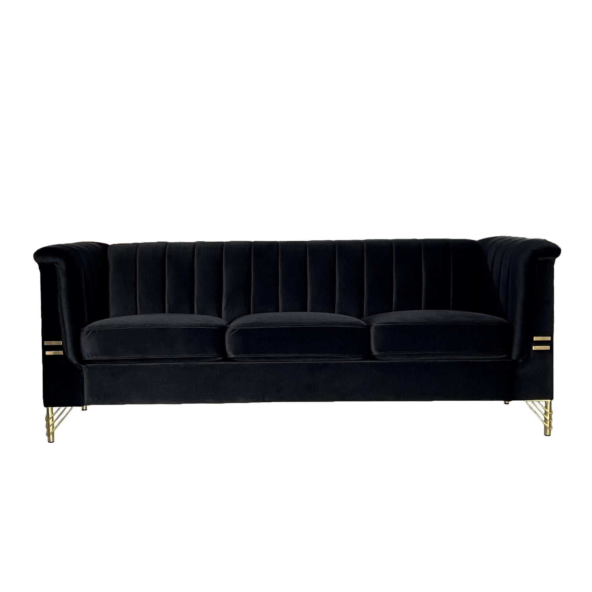 Fx P82 Bk Sofa Modern Sofa Couches For Living Room, 82.67Inches Velvet Velvet Tight Back Chesterfield Design Couch Upholstered Sofa With Metal Legs Decor Furniture For Bedroom Black Velvet 3 Seat