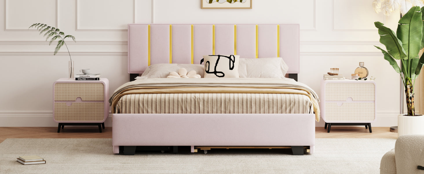 Queen Size Upholstered Platform Bed With 2 Drawers And 1 Trundle, Classic Metal Strip Headboard Design, Pink Queen Pink Mdf Lvl