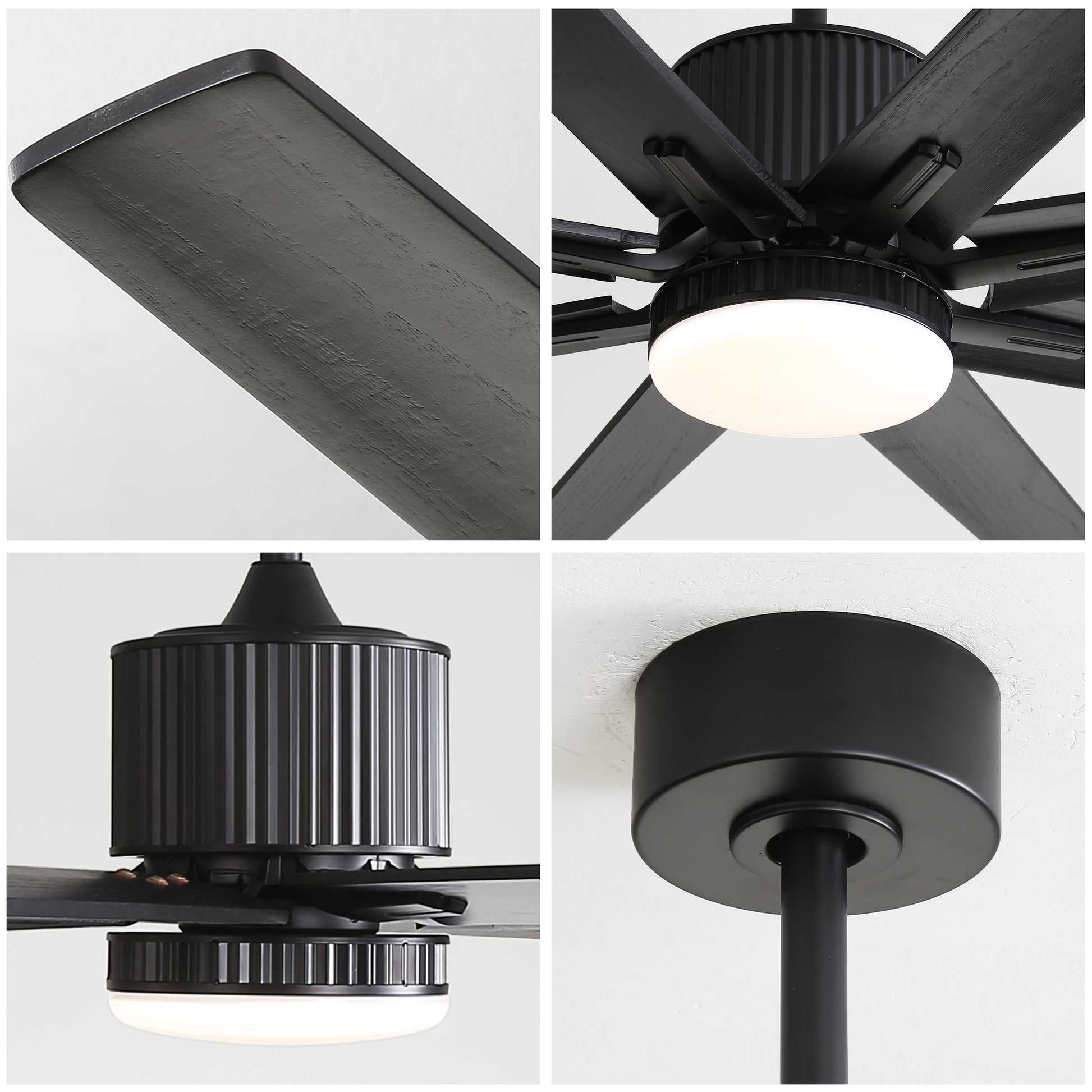 76 Inch With 18W Dimmable Led Light Remote Control 8 Solid Wood Blades Black For Living Room Black Metal & Wood