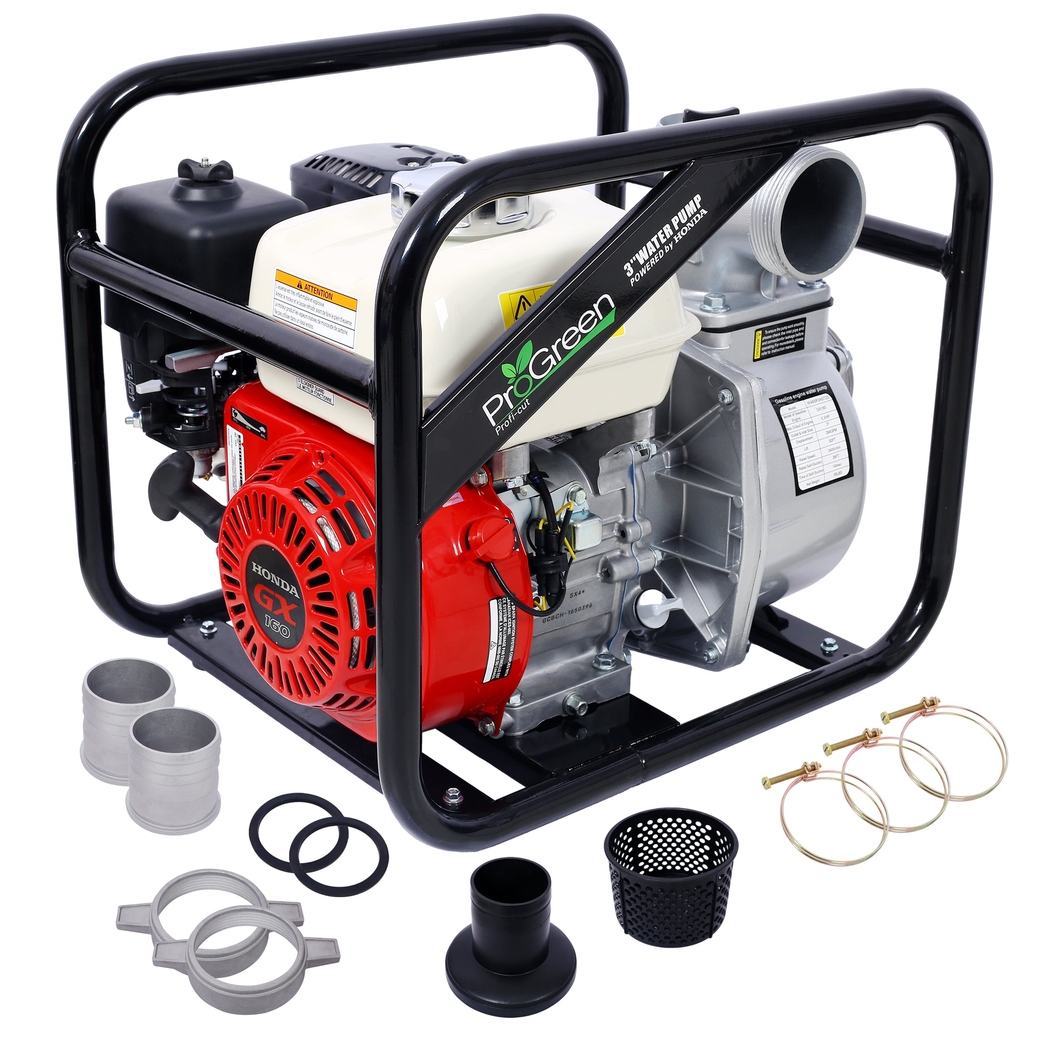 Water Pump 3" 264Gpm ,163Cc Honda Gx160 Engine, 3In Npt Coupler Black Red Aluminum
