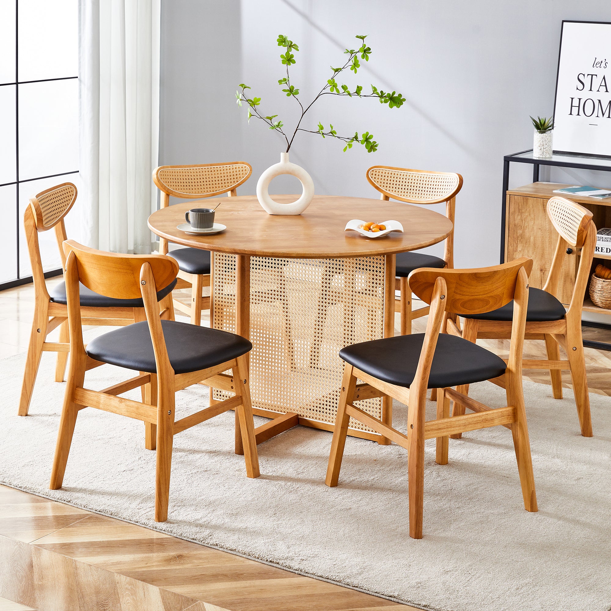 Table And Chair Set, Ancient Style Solid Wood Dining Table, Imitation Rattan Table Legs, Beautiful Simple Solid Wood Dining Chair, Perfect For Dinner, Meetings, Home And Office Decoration Wood Rubber Wood