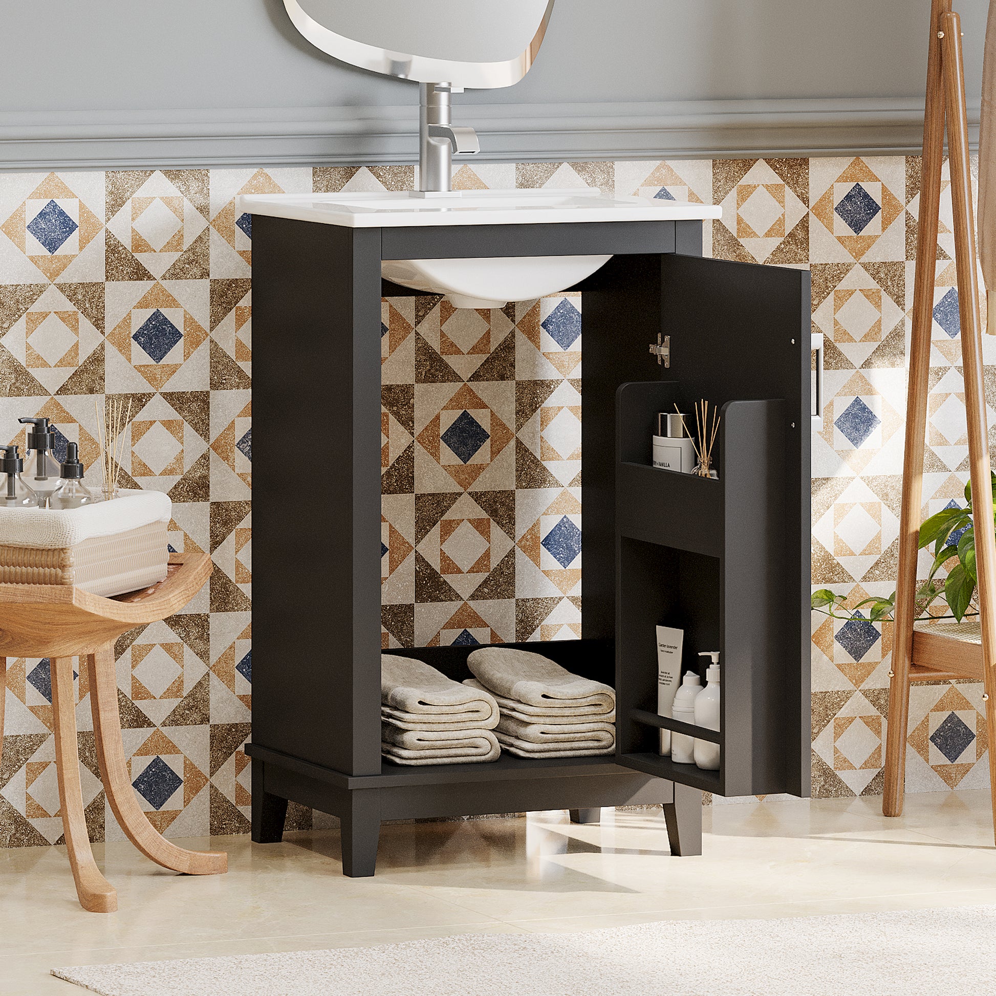 Viedo 20 Inch Modern Small Bathroom Vanity Cabinet With Ceramic Basin 20*15.5*33.3 Inches,Ample Storage,1 Soft Close Door Black Bathroom Solid Wood Mdf