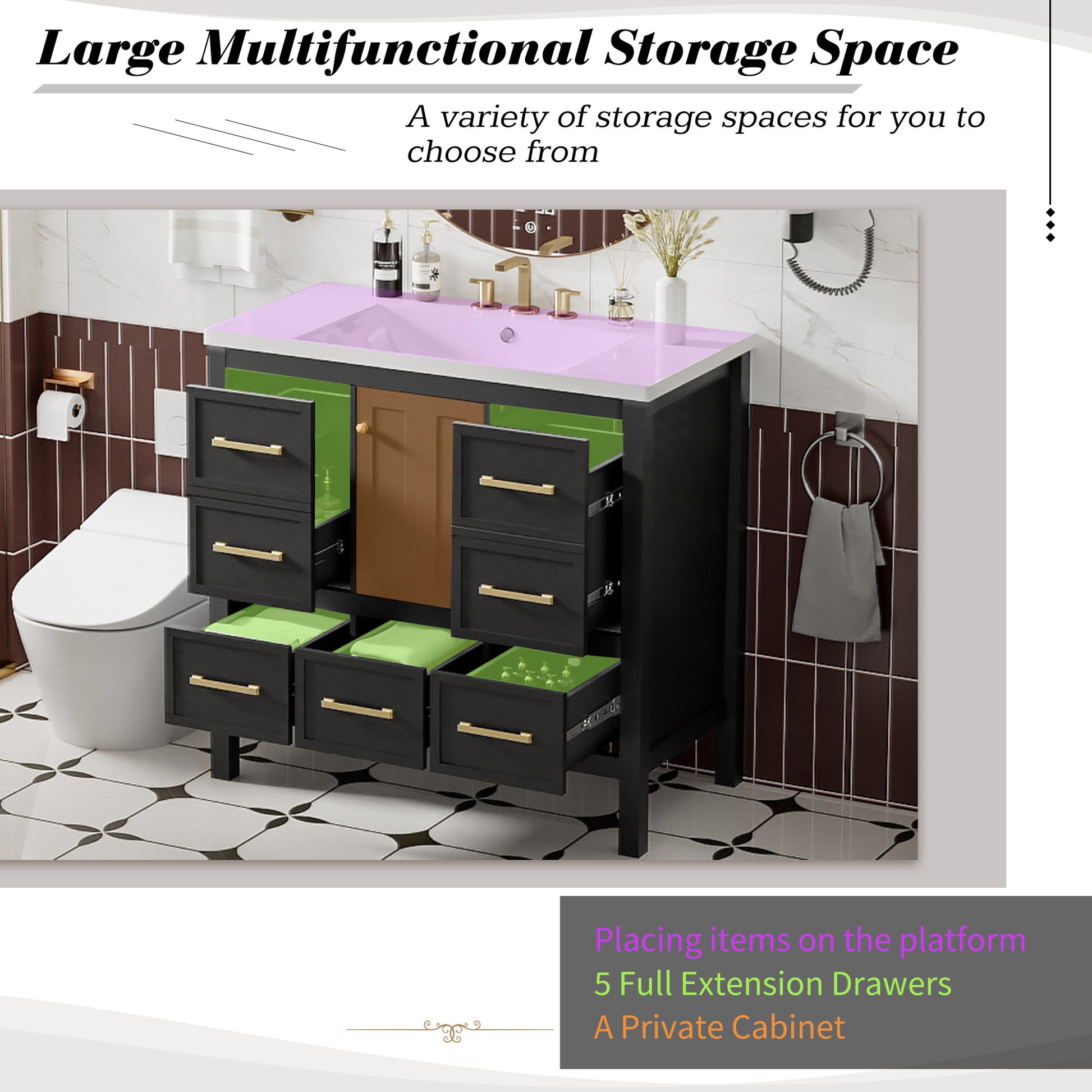 36'' Bathroom Vanity With Resin Sink Combo, Solid Wood Frame Bathroom Storage Cabinet, Freestanding Vanity Set With 5 Drawers& Soft Closing Doors Same As Sw000142Aab Black Bathroom Solid Wood Mdf Resin