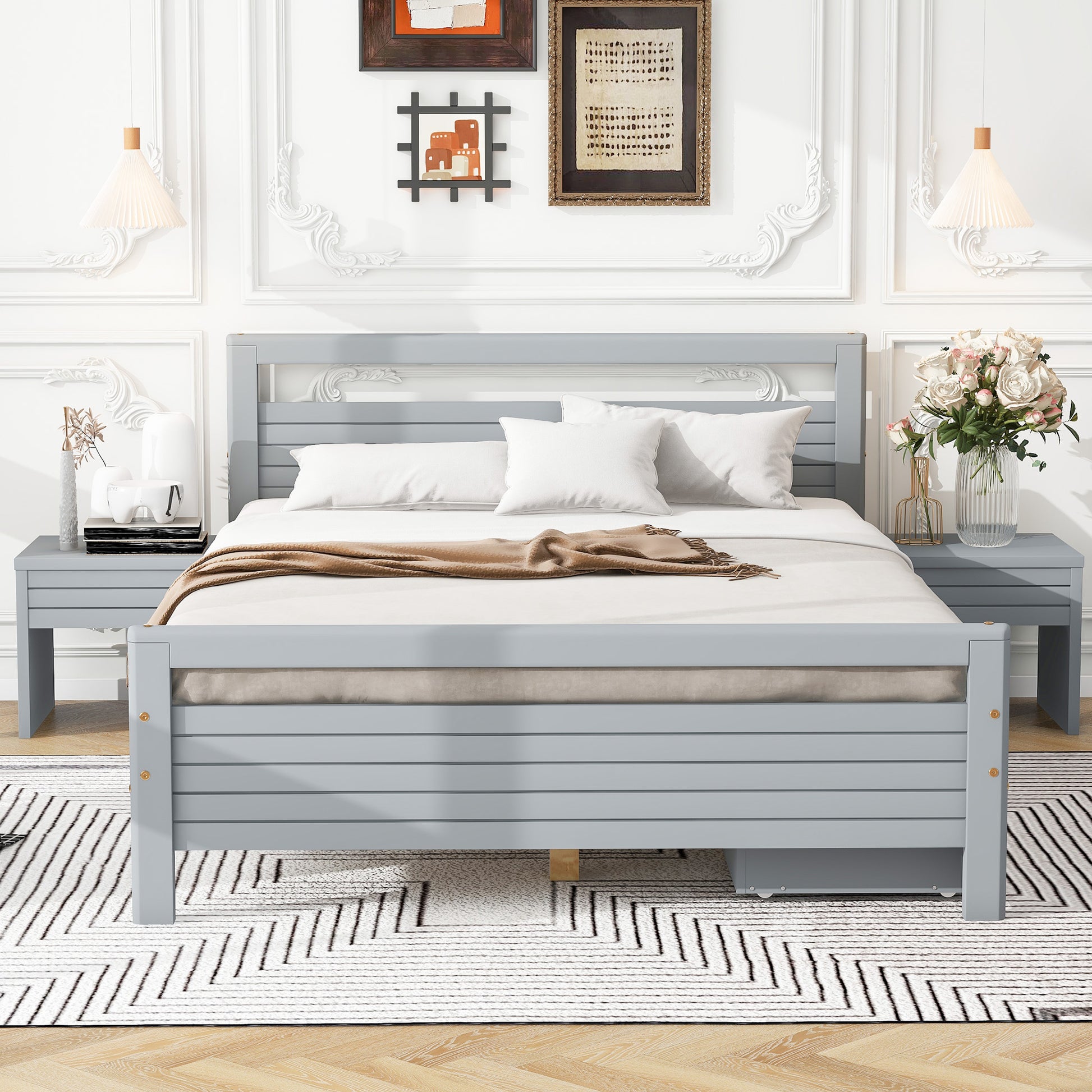 Full Size Wooden Platform Bed With 2 Storage Drawers And 2 Bedside Tables, Gray Full Gray Pine