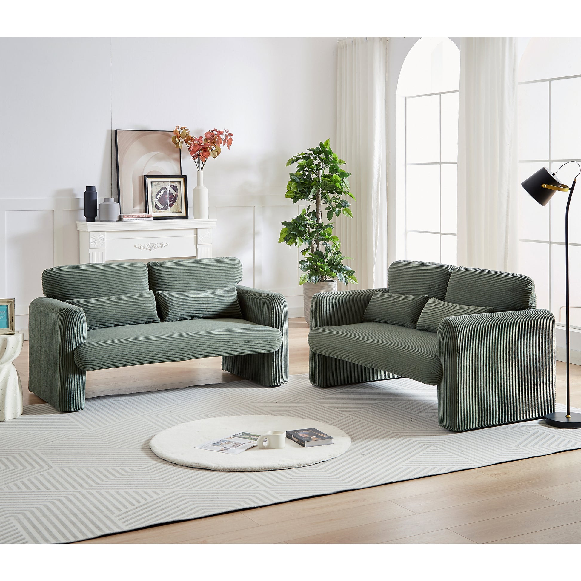 60"Corduroy Fabric Sofa With 33" Single Sofa, Modern Sofa With Support Pillowfor Apartment, Office, Living Room & Bedroom Green Corduroy 3 Seat
